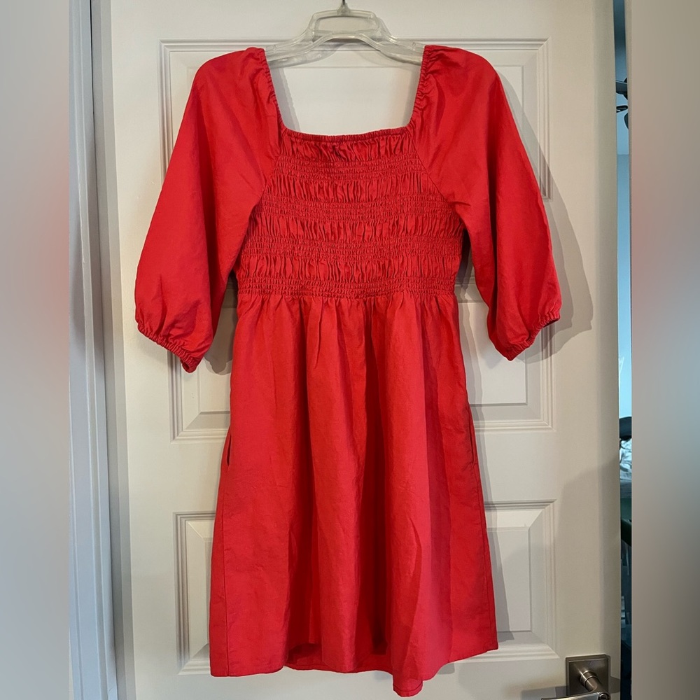 Isabel Red Dress with Smocked Chest and Pockets - Picture 2 of 5